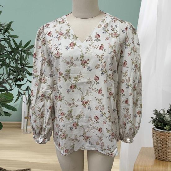 Yousheng Women Tops Retro Floral Print Puff Long Sleeve Shirt V-neck Loose Fit Casual Blouse Breathable Daily Wear