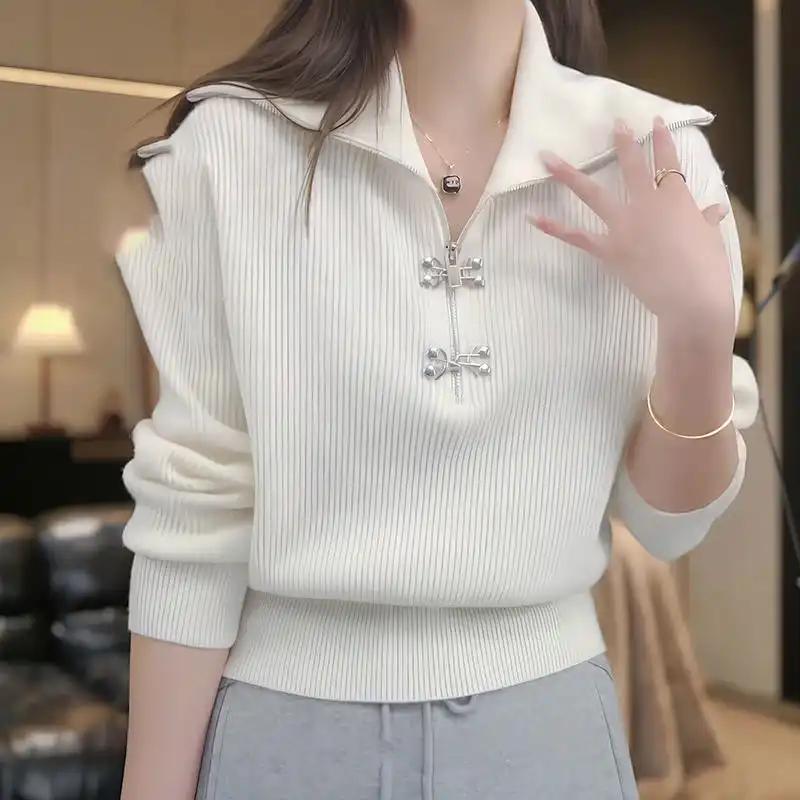 

Свитер простого кроя однотонный в корейском стиле с половинной молнией, повседневный свитер с длинными рукавами для женщин S белый