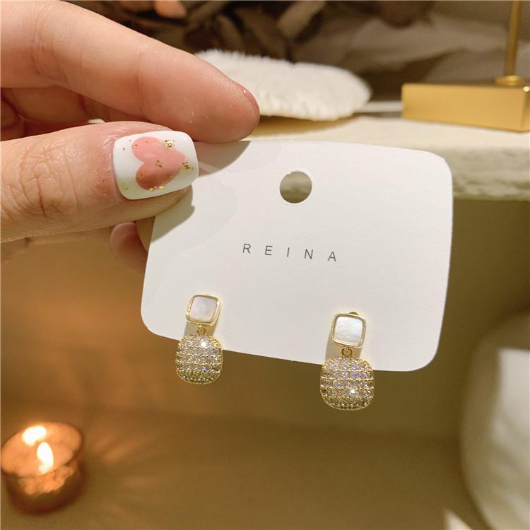 Korea  Fashion Jewelry 14K Gold Plating AAA Zircon Exquisite Square Pendant Earrings Simple Opal Women's Wedding Accessories