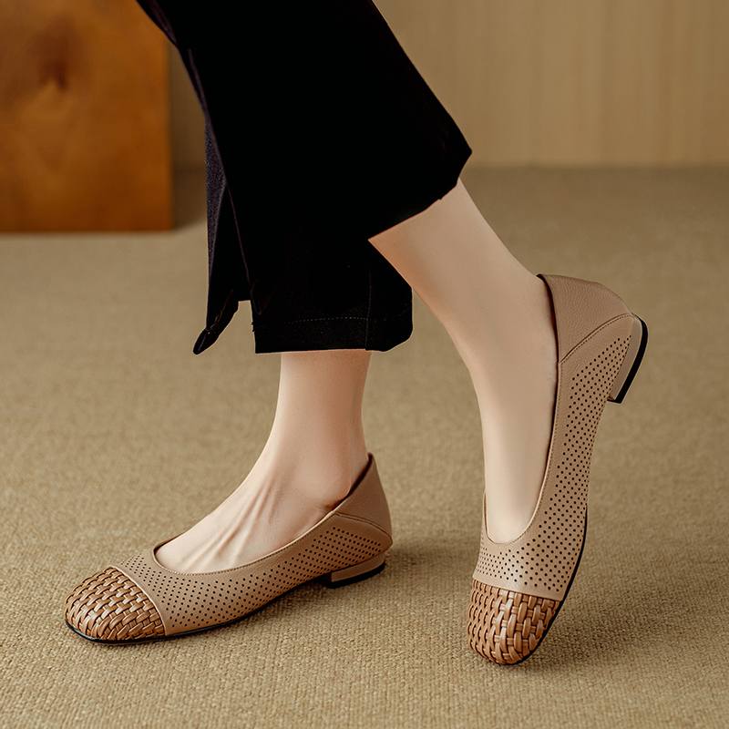 Krazing Pot Cow Skin Weaving Summer Size 41 Low Heels Party Shoes Women Square Toe Gladiator Mixed Color Hollow Out Pumps