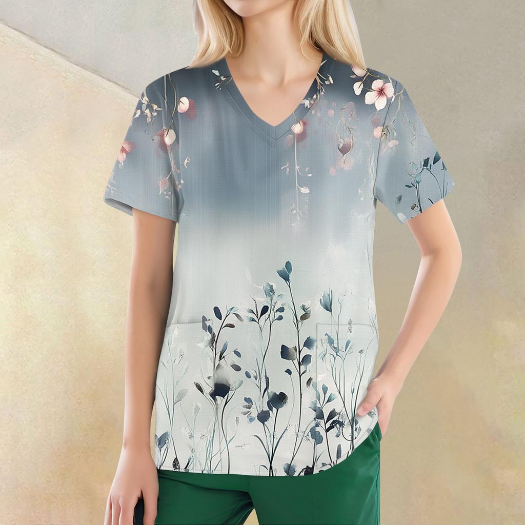 Tops estampados casuais da moda com decote em V feminino e roupas de trabalho protetoras