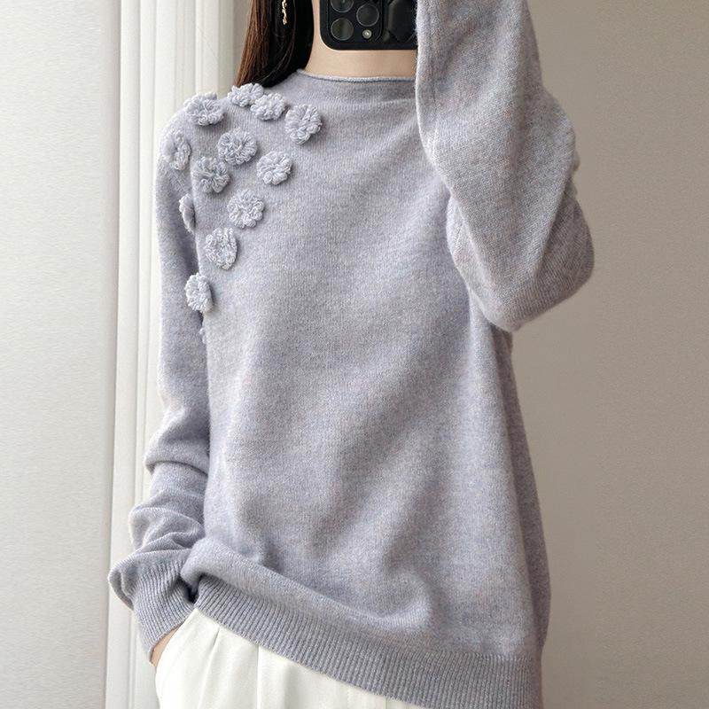 Women's Handmade Pure Wool Sweater - Soft, Fluffy, Versatile with Half-High Collar for Autumn and Winter