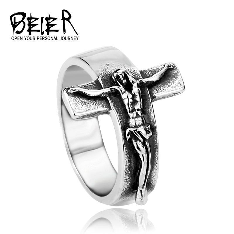 Beier Neue Mode 316L Edelstahl Jesus Kreuz Ring Hohe Qualität Religiöser Herrenring Punk Stil Mode Geschenk LLBR8-134R