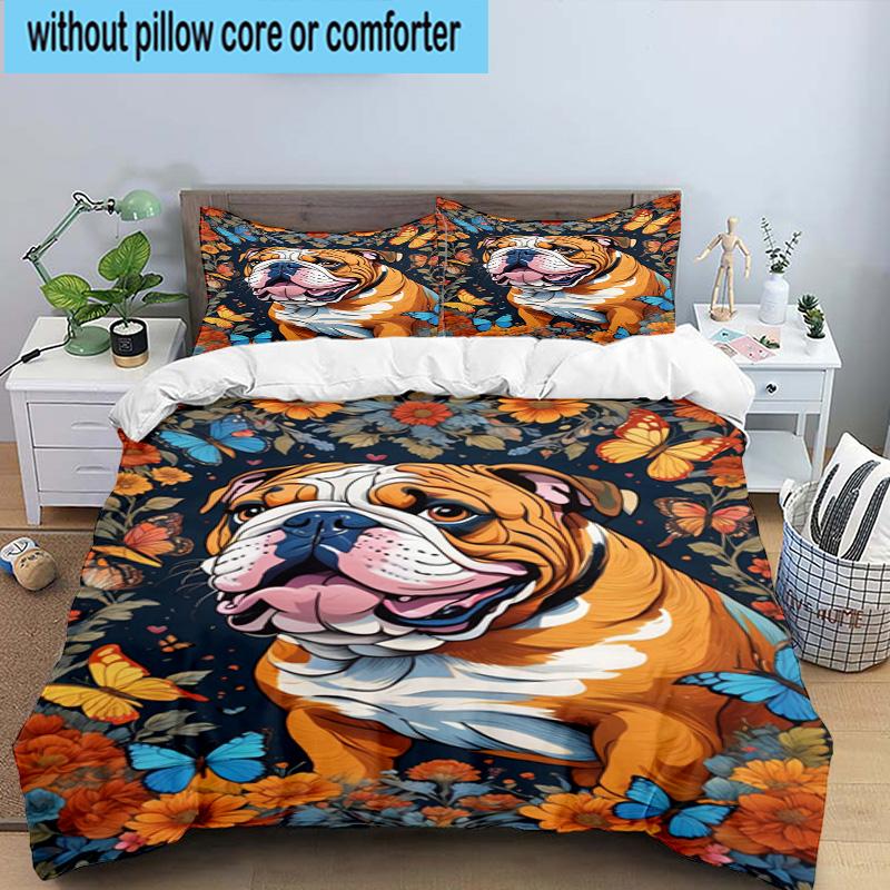 Butterflies And Bulldog Garden 3pcs Bedding,Including 1pc Duvet Cover And 2pcs Pillowcases Perfect for Christmas,Ideal for Bedroom, Dormitory