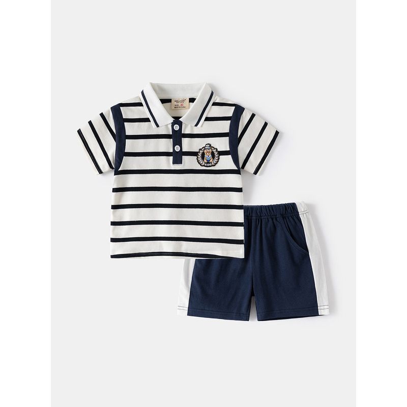 Children s Short-Sleeved Collared Top Summer Kids  Clothing Boys  Striped Polo Shirt Baby Boy Shorts Five-Point Pants Set White and Navy Striped Polo Suit 130