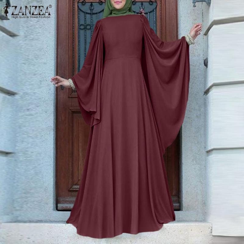 

ZANZEA Мусульманское модное платье с круглым вырезом и расклешенными рукавами, большие размеры, Абая, арабское исламское платье