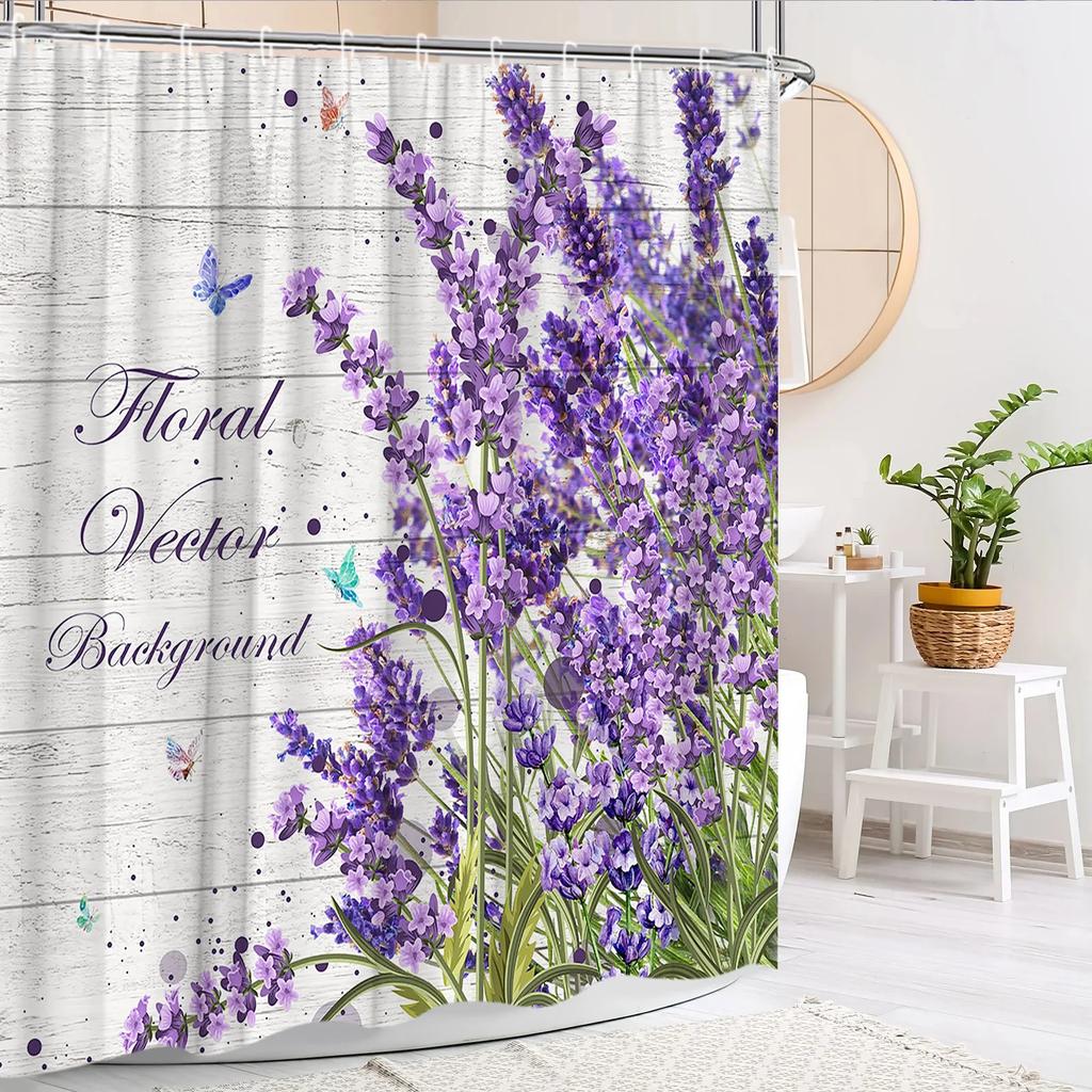 Floral Shower Curtain Purple Lavender Farm Green Leaf Butterfly Rustic Wood Panel Modern Polyester Fabric Bathroom Decor Curtain