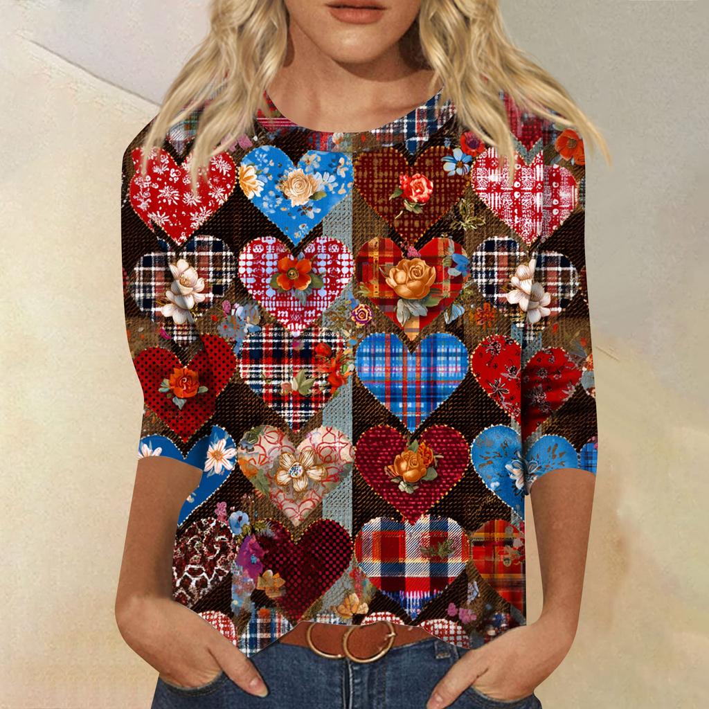 Women's Tops Three-quarter Sleeve Shirt V-neck Loose Casual Shirt Print T-shirt