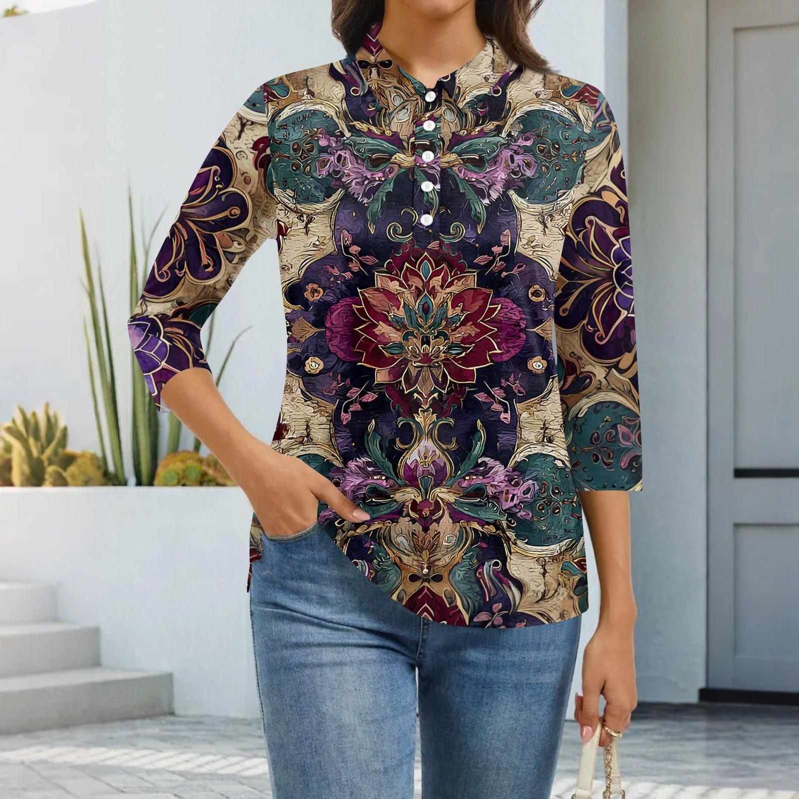 

Женская модная повседневная рубашка с лацканами и рукавом 3/4 с принтом, женские топы на пуговицах S