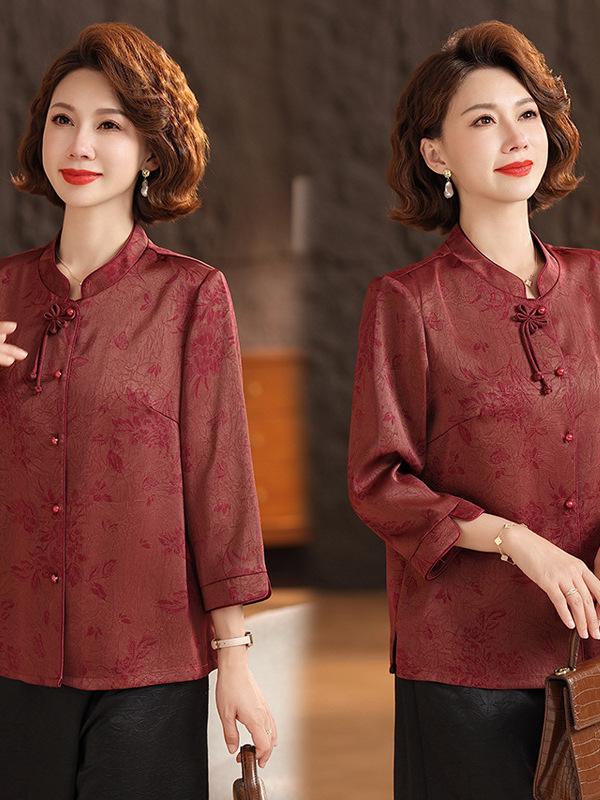 Stylish Summer Jacquard Shirt for Middle-Aged & Elderly Women - Plus Size, Nine-Sleeve, Stand-Up Collar, New Chinese Style