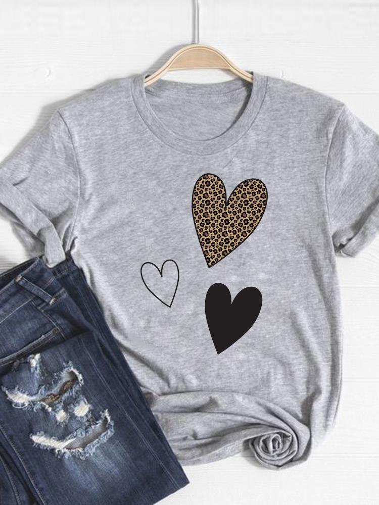 Tee Basic Clothing Women Clothes Print T Shirt Leopard Love Heart Trend Cute Summer Top Fashion Short Sleeve Graphic Tshirt