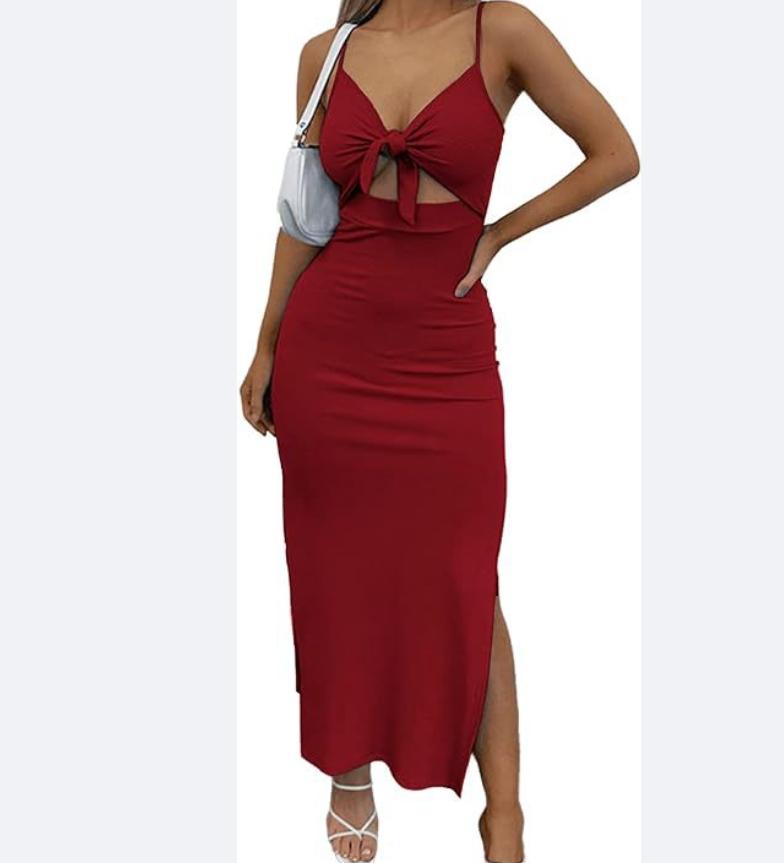 

Элегантное коричневое платье-слинг с деталью в виде галстука-бабочки, вырезом на талии и высоким разрезом, длинное струящееся платье макси для женщин XS бордовый