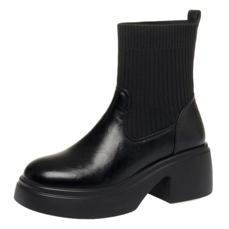 6cm Fashion Comfortable Soft Leather Boots Women's Platform Shoes Winter 2025 Flexible Elastic Sock Boots Warm Fur Ankle Botas