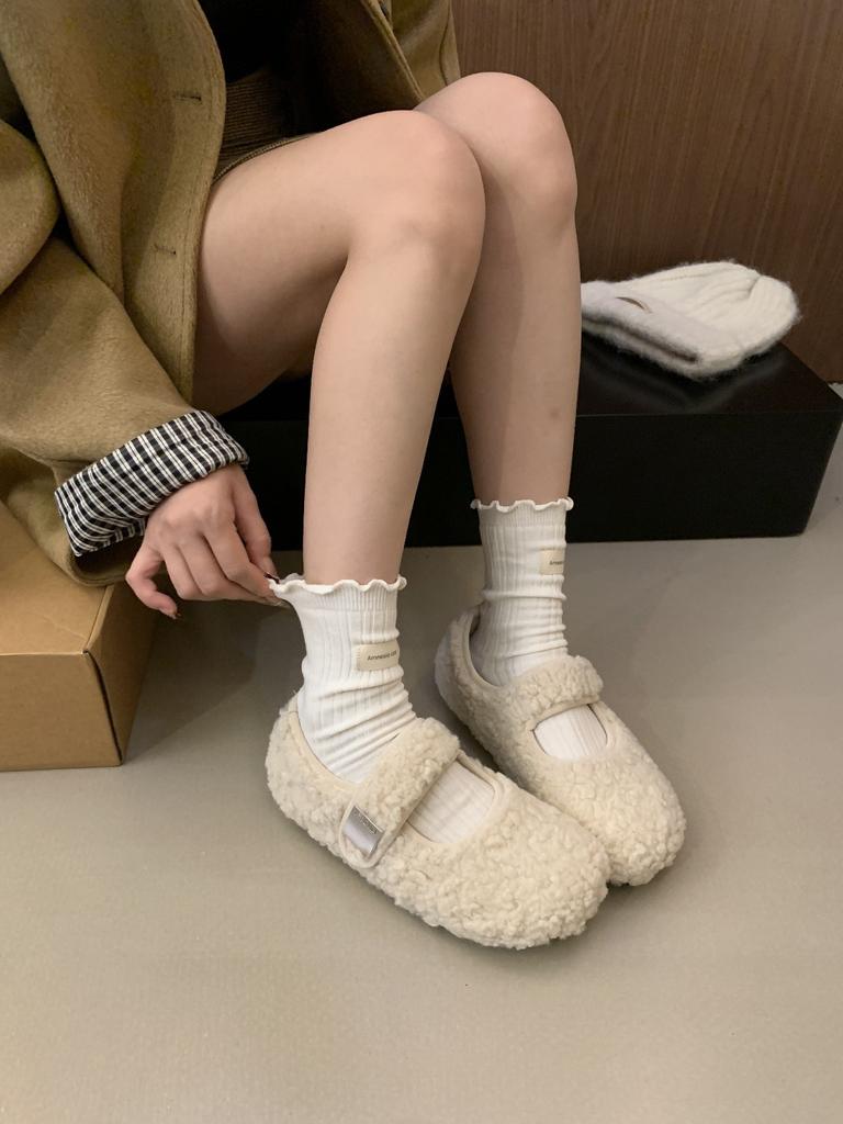 One-word Mary Jane fluffy shoes, winter outer wear velvet warm single shoes, thick-soled gray Birkenstocks