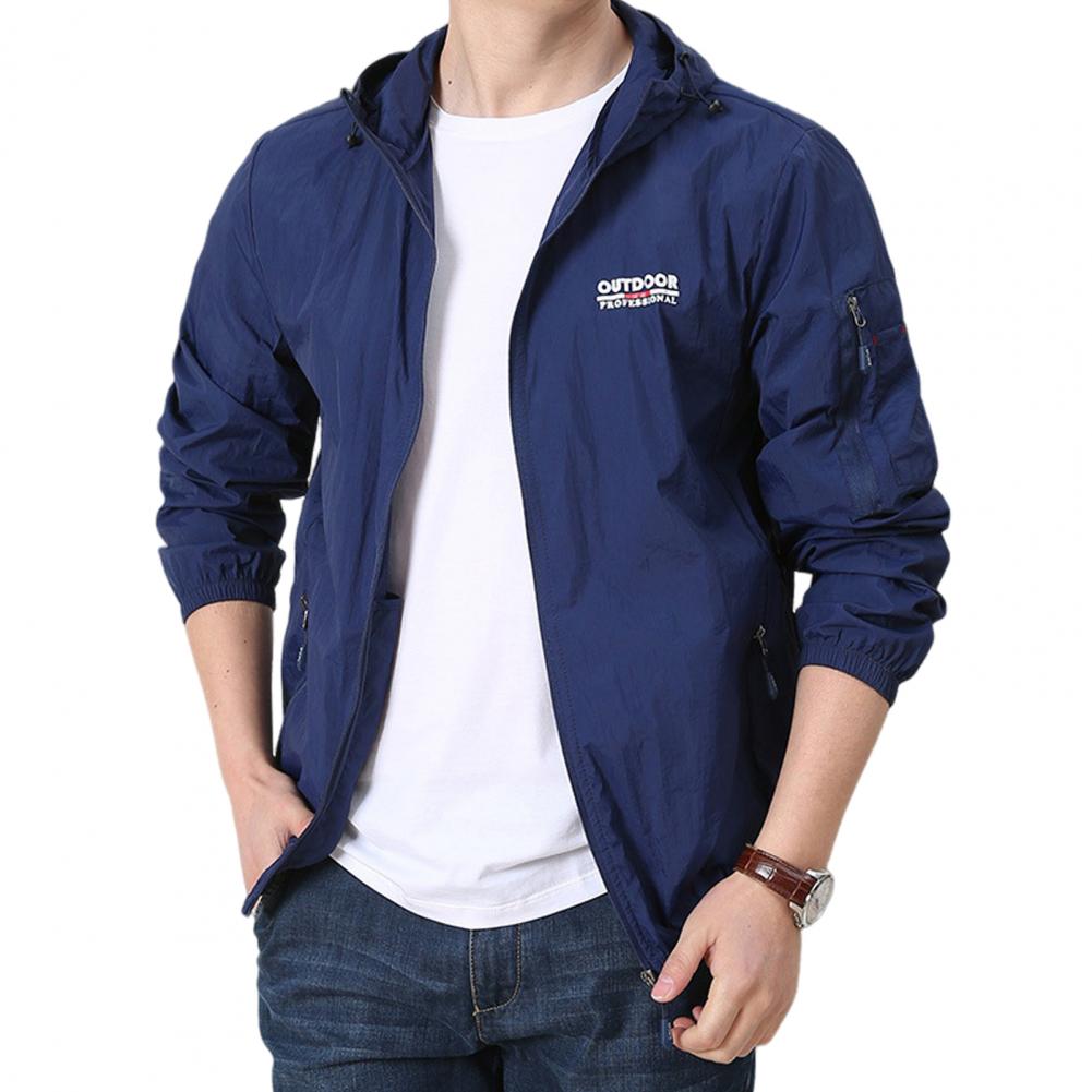 Men Summer Sun Coat Hooded Drawstring Long Sleeve Anti UV Jacket Letter Print Zipper Placket Windbreaker