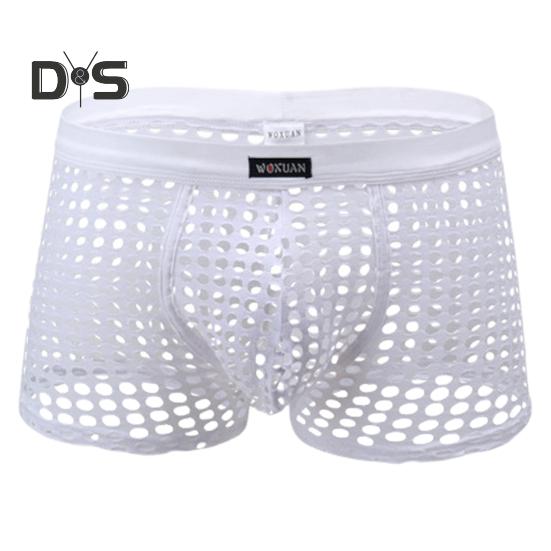 Men Sexy Hollow Out Shorts Briefs Low-rise Breathable Mesh Underwear Solid Color 3D U-convex Panties Underpants