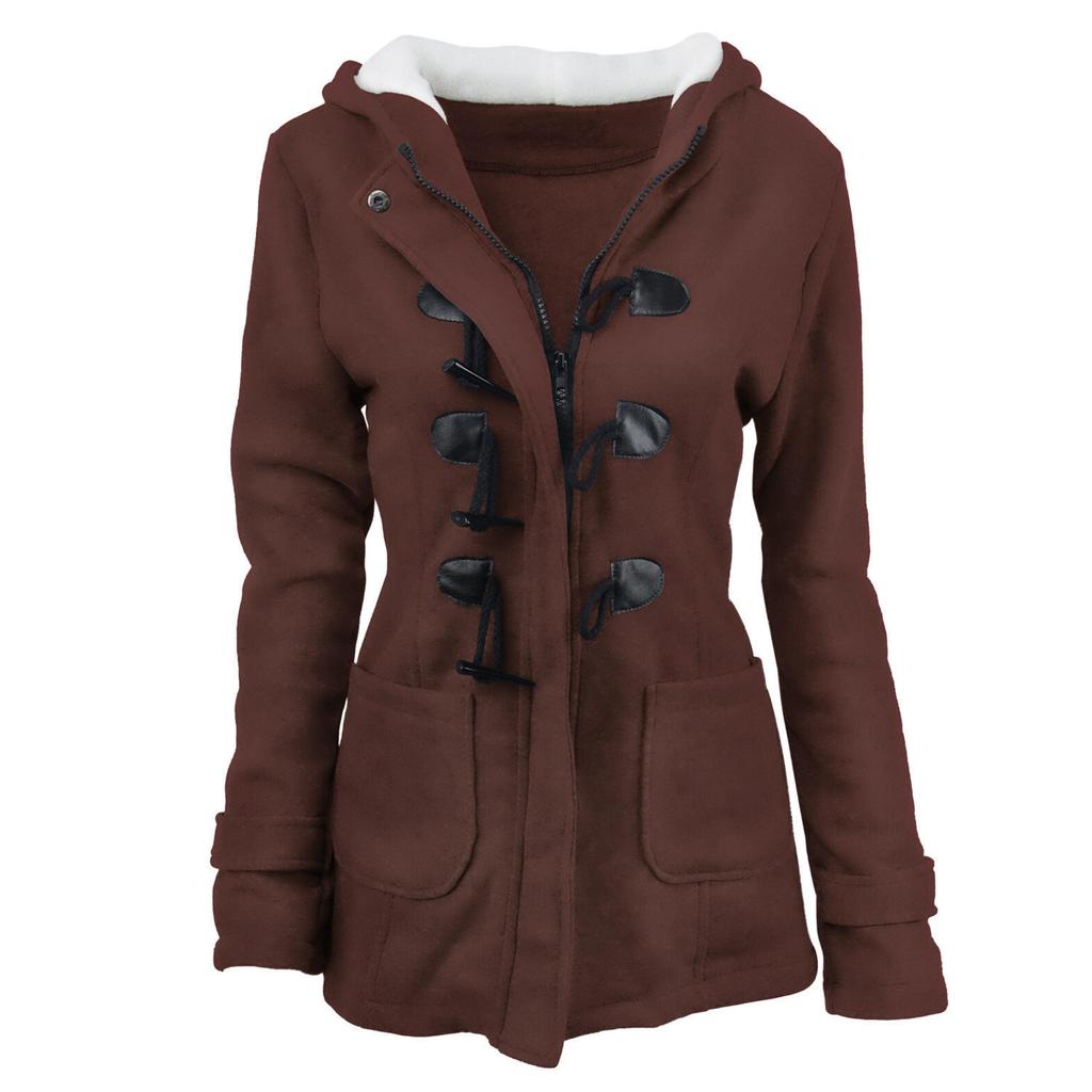 Herbst- und Winter Kuhhornknopf Damenmantel Dicke Kapuzen-Blended-Jacke Baumwolljacke