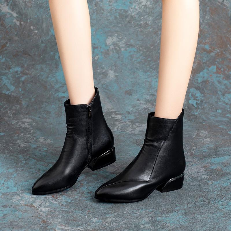 Short Boots Women's Single Boots Fleece Warm Cowhide Medium Boots Martin Boots Autumn and Winter Snow Boots Women's Cotton Shoes Boots