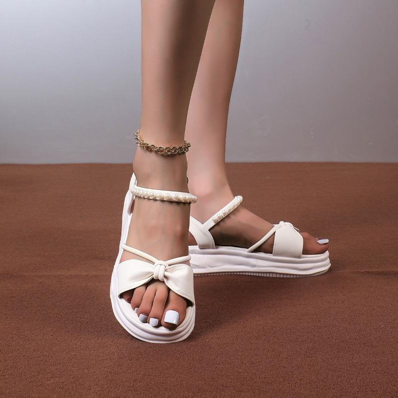 Beaded muffin sole sandals summer new bow style sandals outer size large size women's shoes