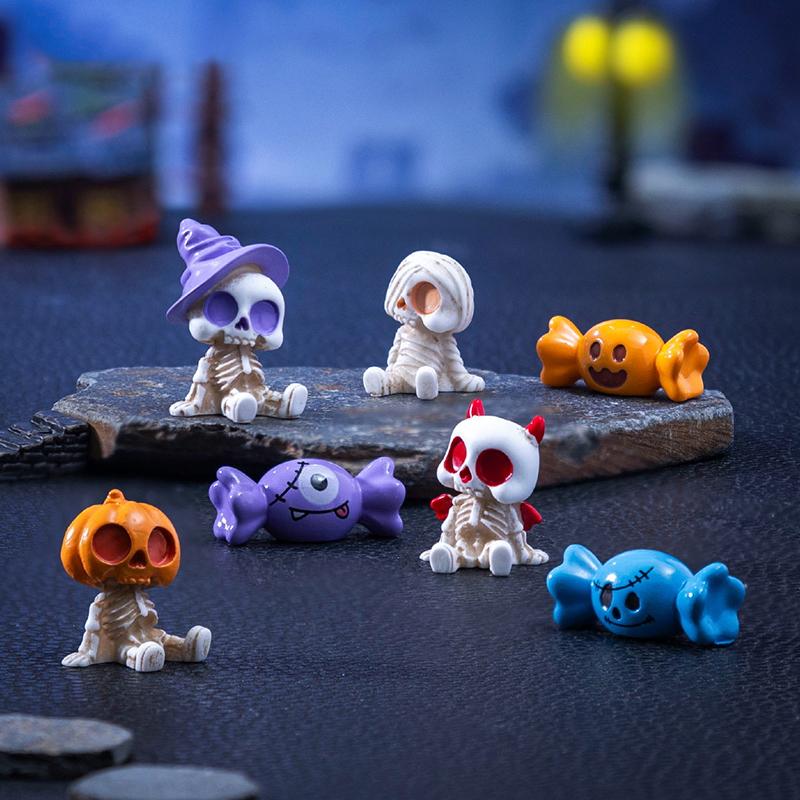 8pcs Halloween Candy Pumpkin Skull Figurines, Cute DIY Decorations And Accessories, Miniature Landscape Ornaments