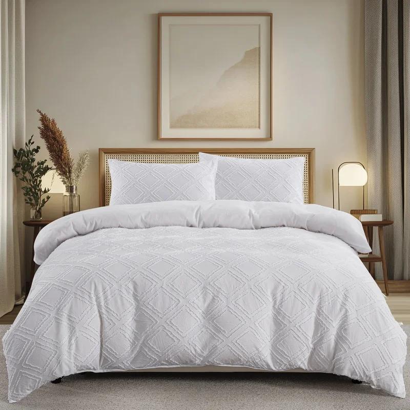 White Duvet Cover Queen Boho Tufted Microfiber Bedding Set for All Seasons, Embroidery Shabby Chic Comforter Covers with Zipper