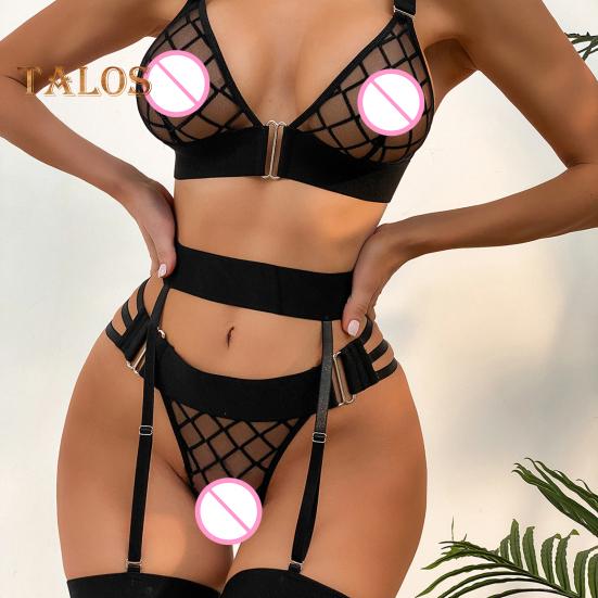 3 Pcs/Set Bra Briefs Set with Garter Fishnet Lace Multi Straps Hollow Out Thin High Waist Wedding Night Honeymoon Valentines Day Underwear Set