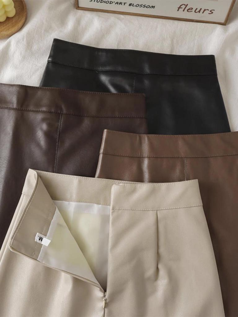 Autumn/Winter 2023 Women's PU Leather A-Line Skirt - High Waist, Slim Fit, Knee-Length, Casual Korean Style