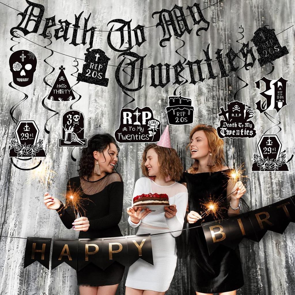 Death To My 20s Decorations - 14pcs Black 30th Birthday Party Decorations Banner Hanging Swirls Rip To My 20s Birthday Decor Party Ceiling Supplies