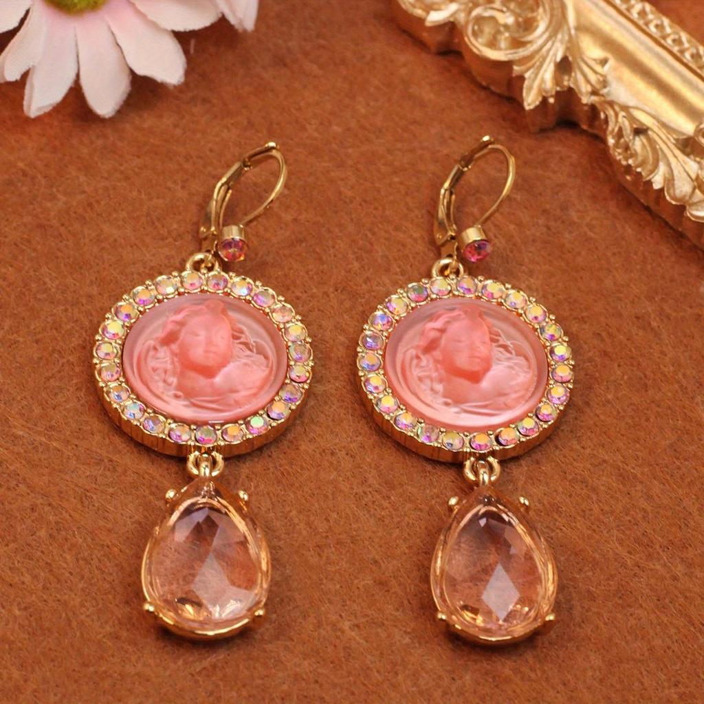 [Pair of Angelic Earrings] Vintage-Inspired Angelic Earrings with Sparkling Rhinestones, Star & Heart Charms - Zinc Alloy, Perfect for Women's Date Ni
