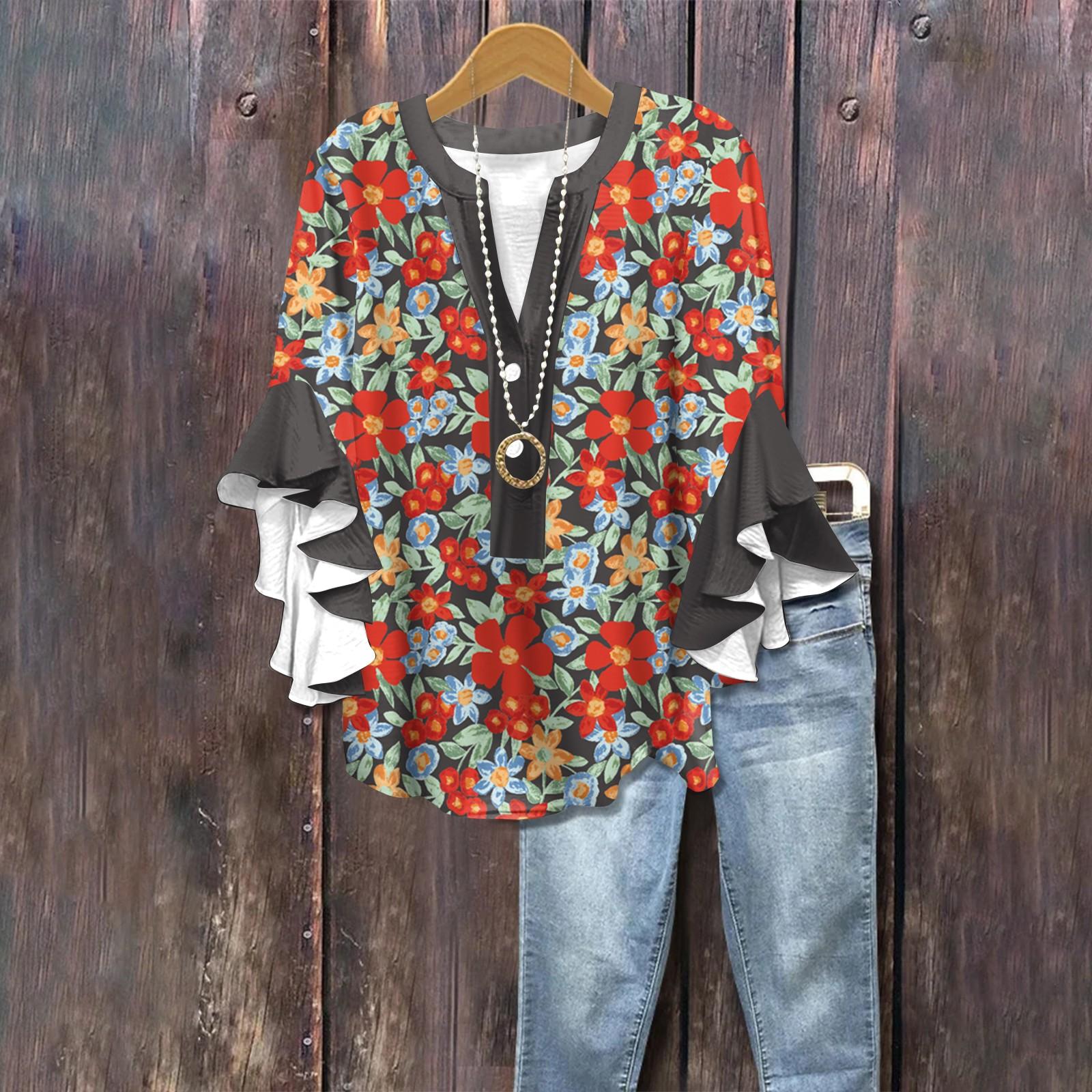 

Summer Tops For Women Cute V Neck 3/4 Sleeve Blouses Floral Print Top Casual Shirts XL