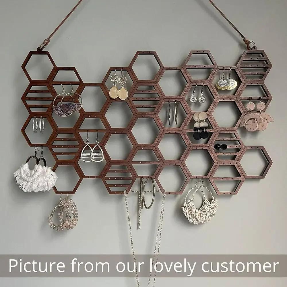 Hanging Earring Holder, Honeycomb Earring Organizer Wall Mount Earring Display Wood Hanging Jewelry Organizer For Stud Earrings