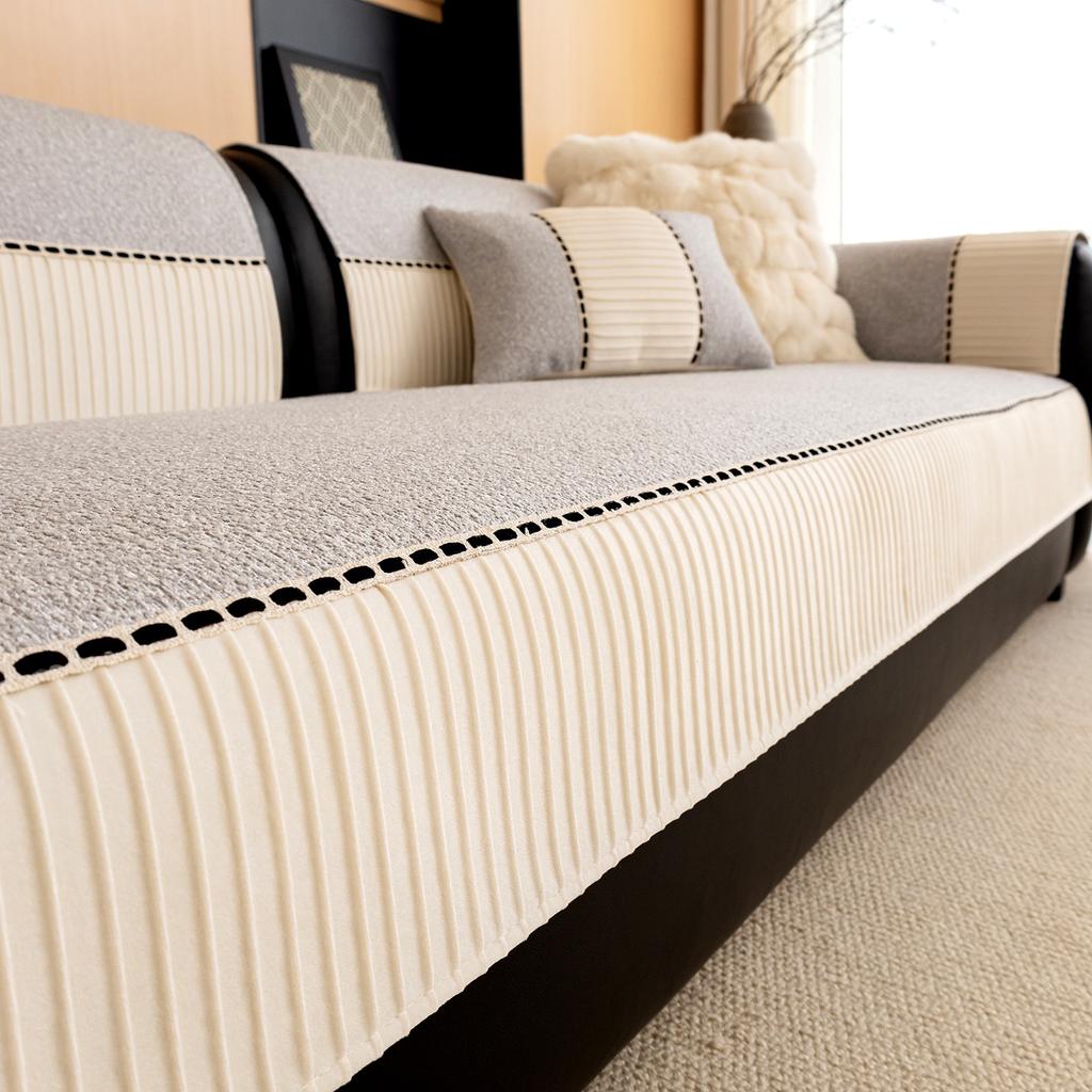 Contrast Hem Yarn-Dyed Chenille Sofa Cover for All Seasons Living Room Non-slip Sofa Seat Cover Couch Slipcover, Sofa Towel