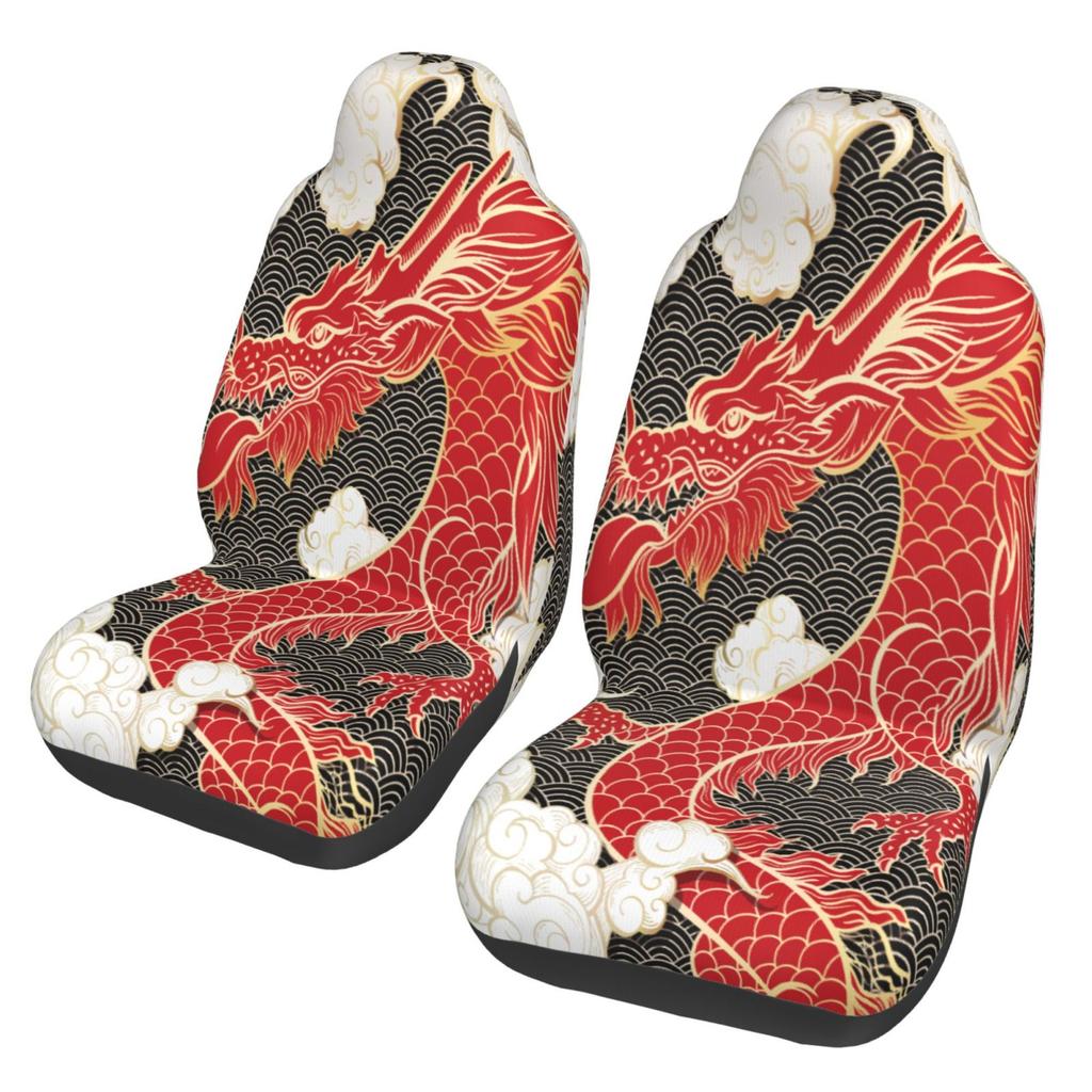 Chinese Red Dragon Totem Pattern Car Seat Covers Set 2 Pcs Elastic Auto Interior Car Accessories Protectors Non-Slip Auto Cove