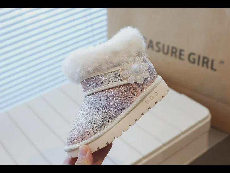 Cizme de zăpadă de iarnă pentru fete 2023: Piele și blană nouă, catifea plusată, model mare din bumbac pentru copii