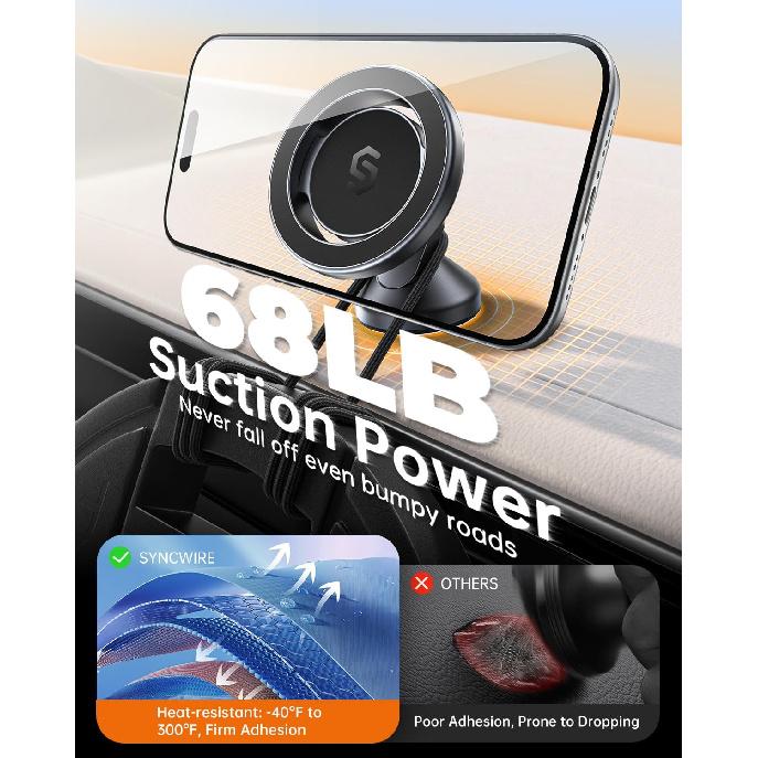 SYNCWIRE MagSafe Car Mount, Magnetic Phone Holder, Space Gray, 1 Pack