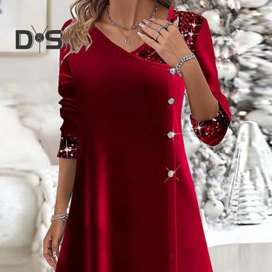 Fall Winter Women Dress Shiny Sequin Patchwork V Neck A Line Big Swing Long Sleeve Button Decor Solid Color Soft Warm Mid Calf Length Lady Midi Dress