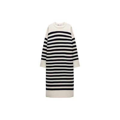 Striped Round Neck A-Line Midi Long Sleeve Dress Women Dresses Black White 3519167-104