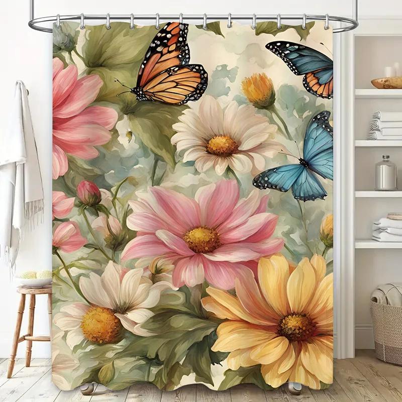 Decorate Your Bath: Beautiful Butterfly Flower Shower Curtain for Bathroom Decorations Soft Fabric Waterproof Curtain Set