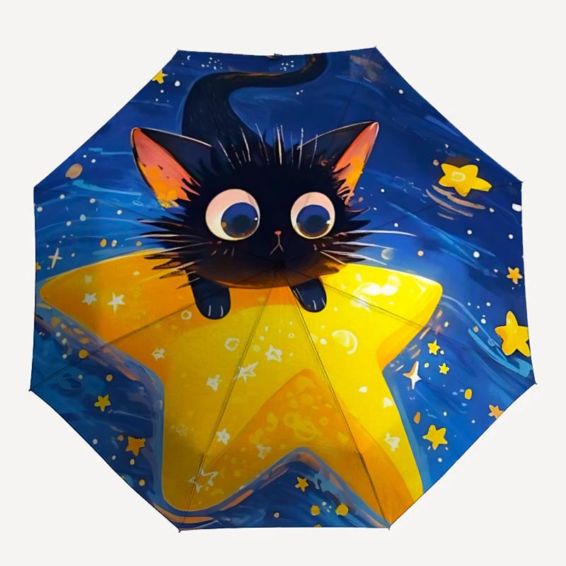 1pc Star Cat Automatic Open 8-Rib Windproof Umbrella, Travel & Commuting, Suitable for All Seasons, Lightweight Portable,026