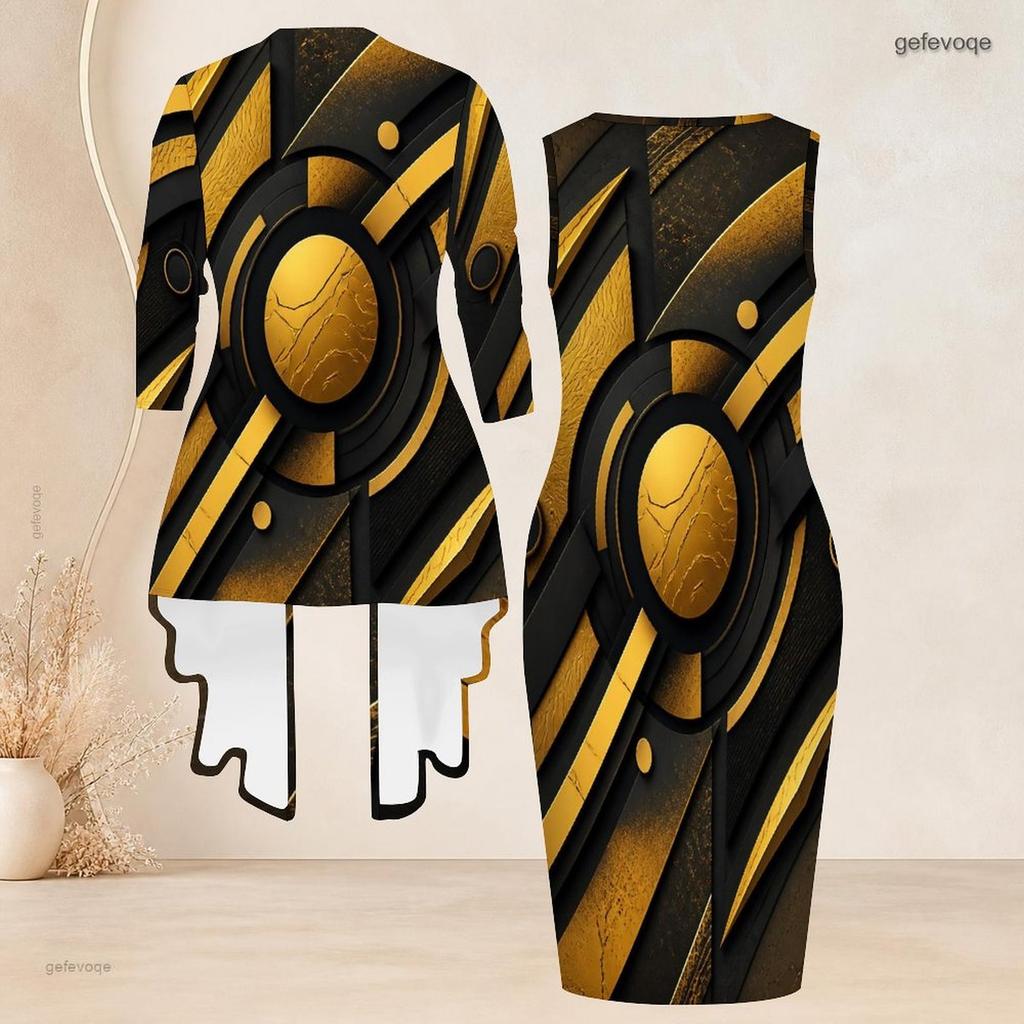 Women Plus Size Black Gold Printed Two Piece Set Sleeveless Bodycon Dress Long Sleeve Draped Cardigan