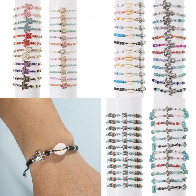 Pack of 12 Adjustable Handcrafted Turtles Bracelet Set Fashion Wristbands with Turquoise Crystal Wood Bead Details