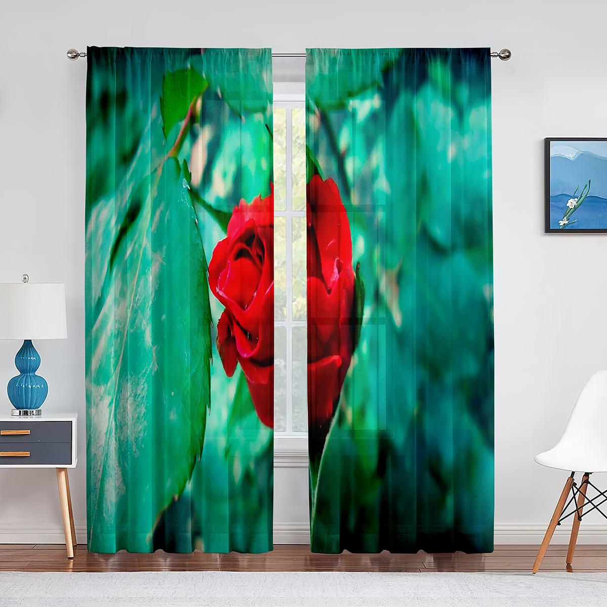 Красная Роза День Святого Валентина Цветочный Романтический Тюль Прозрачные Оконные Шторы — фото 9