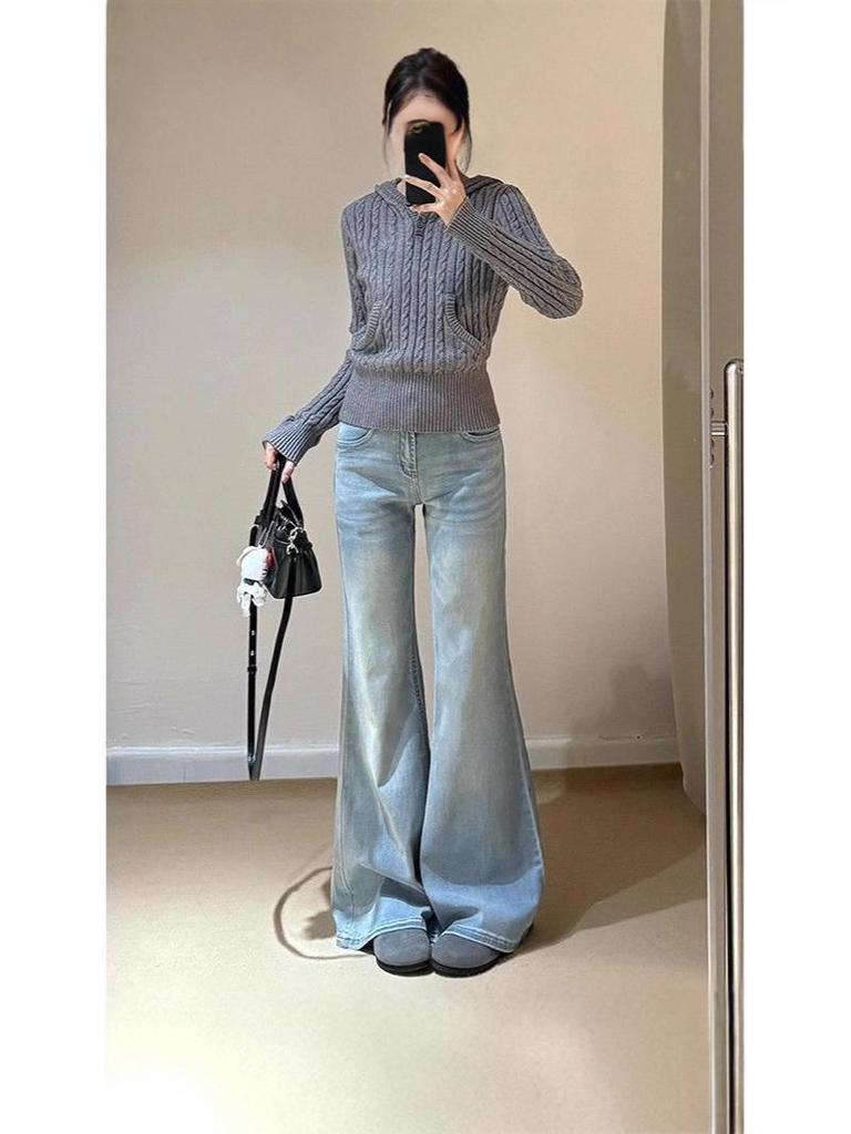 Women's Light Blue Low-Waist Micro-Flare Jeans: Slimming, Flattering, Wide-Leg, Floor-Length Pants for Autumn