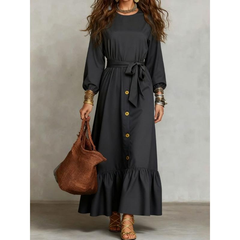 Independent Station Women's Elastic Waist Dress Splicing Solid Color Ruffle Edge hem Dress
