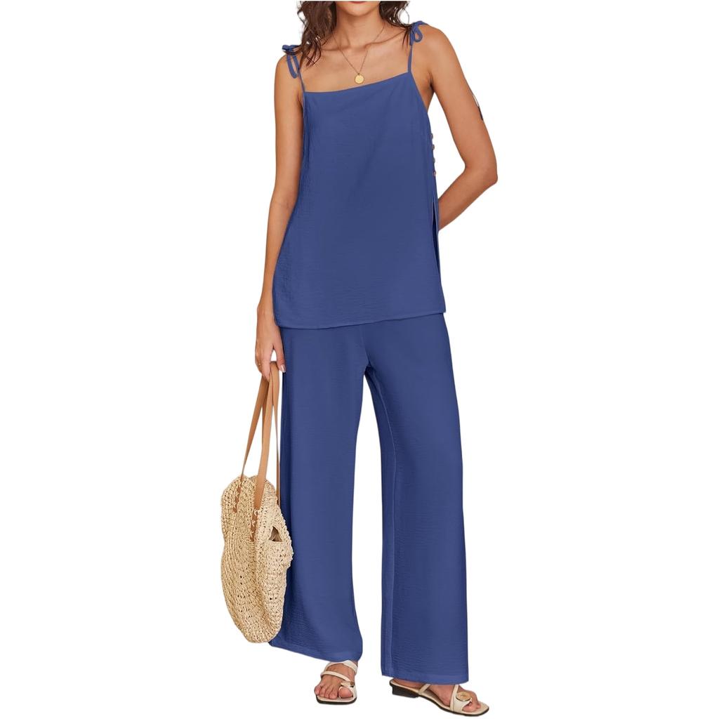 Women's Casual Summer Cotton And Linen Fashion Thin Shoulder Strap Vest Pants Set