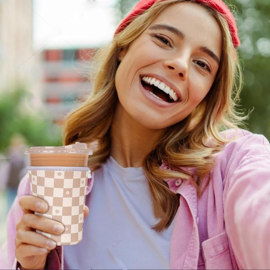 Reble Ulated Neoprene Iced Coffee Cup Sleeve, Durable Drink Sleeve for Cold Beverages, Beverage Holder for Iced Coffee, Floral Checkers