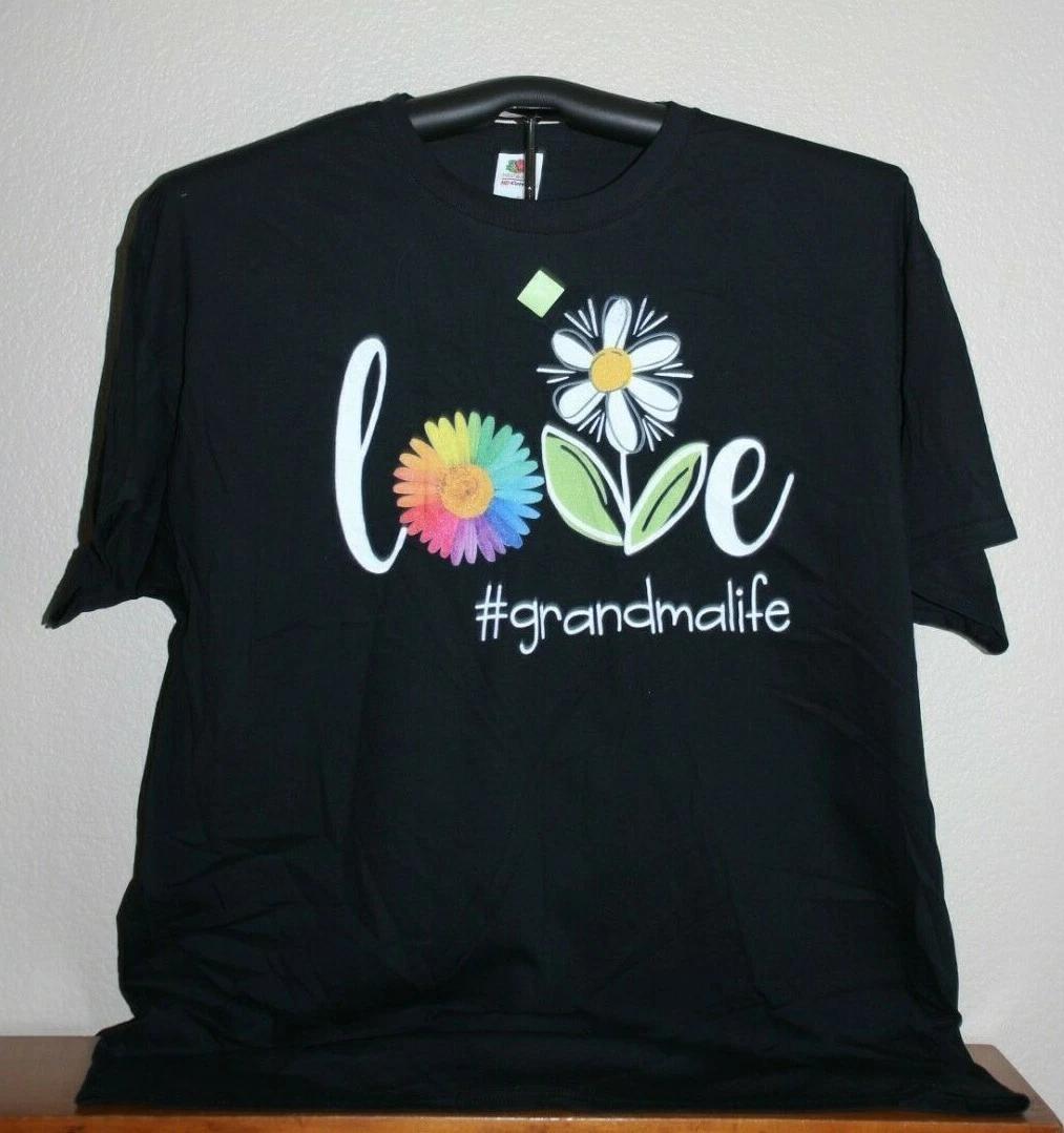 Multi-colored daisy LOVE #grandmalife 100% Cotton T-shirt Mens Tees Top, XXL/ 2XL in Black 2XL