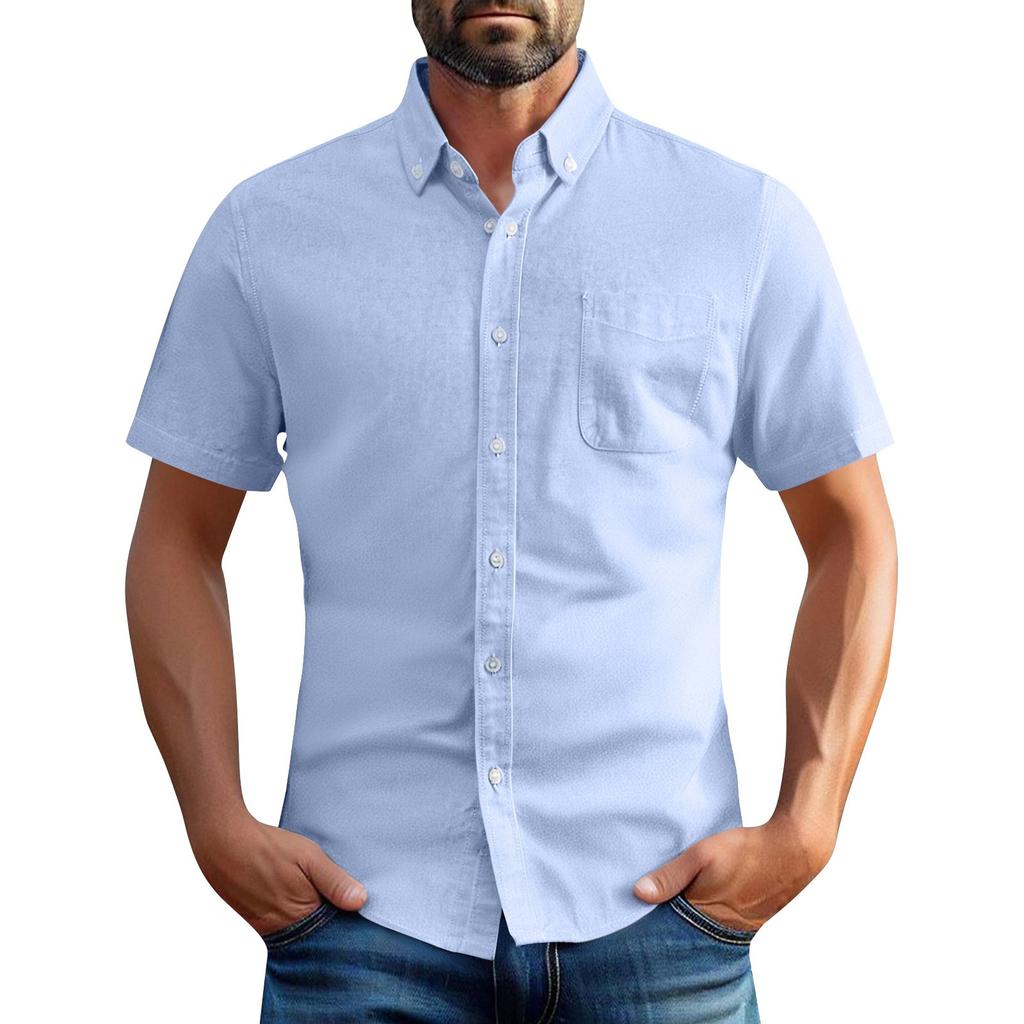 Men's Summer Oxford Cotton High-Quality Solid Color Short-Sleeved Shirt