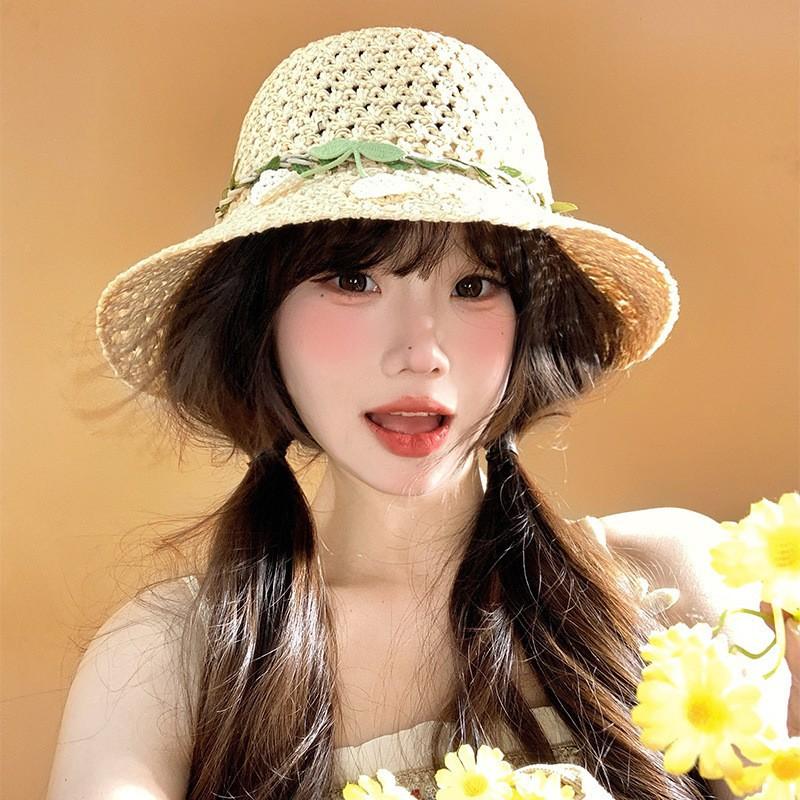 Summer new sun hat women's South Korea Dongdaemun weaving hollowed out after split fork sun protection hat fisherman hat children
