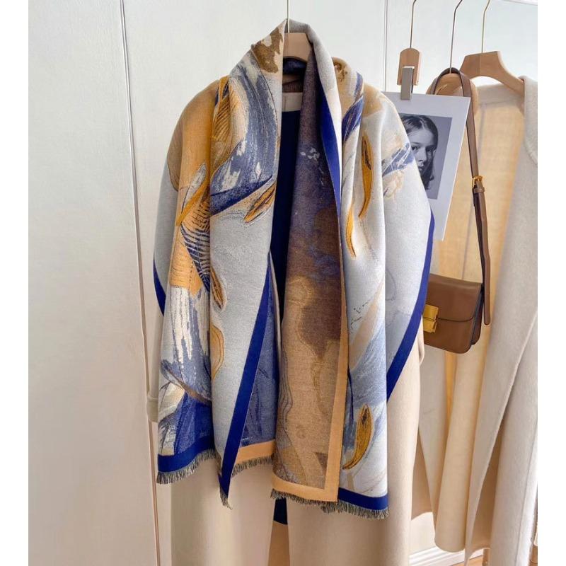 Autumn and winter new oil painting style double-sided jacquard scarf women's high-end sense versatile shawl scarf thickened warm scarf